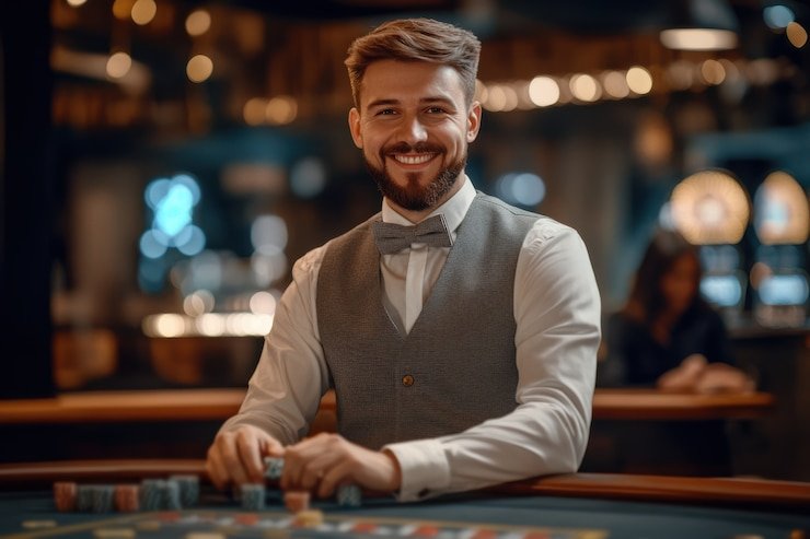 Live casino table showing blackjack and roulette dealers